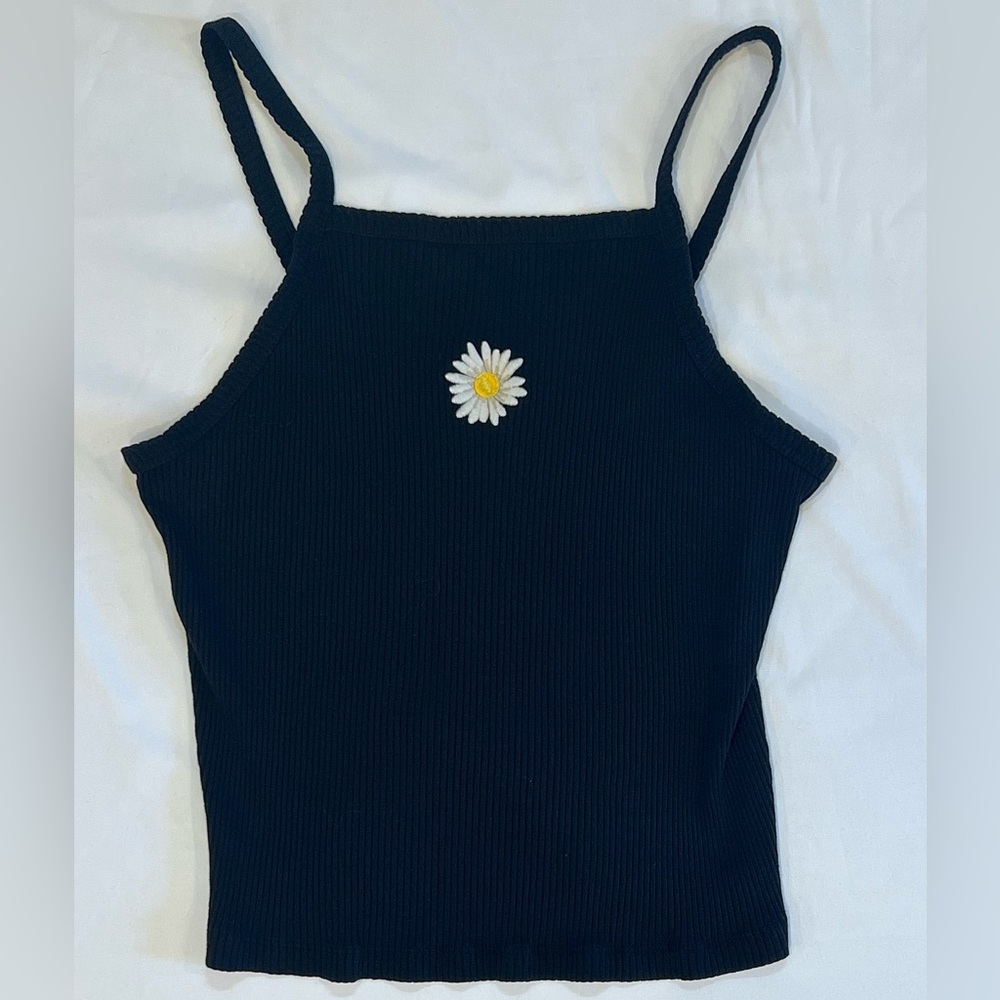 Y2K Black and Yellow Daisy Tank Top XL